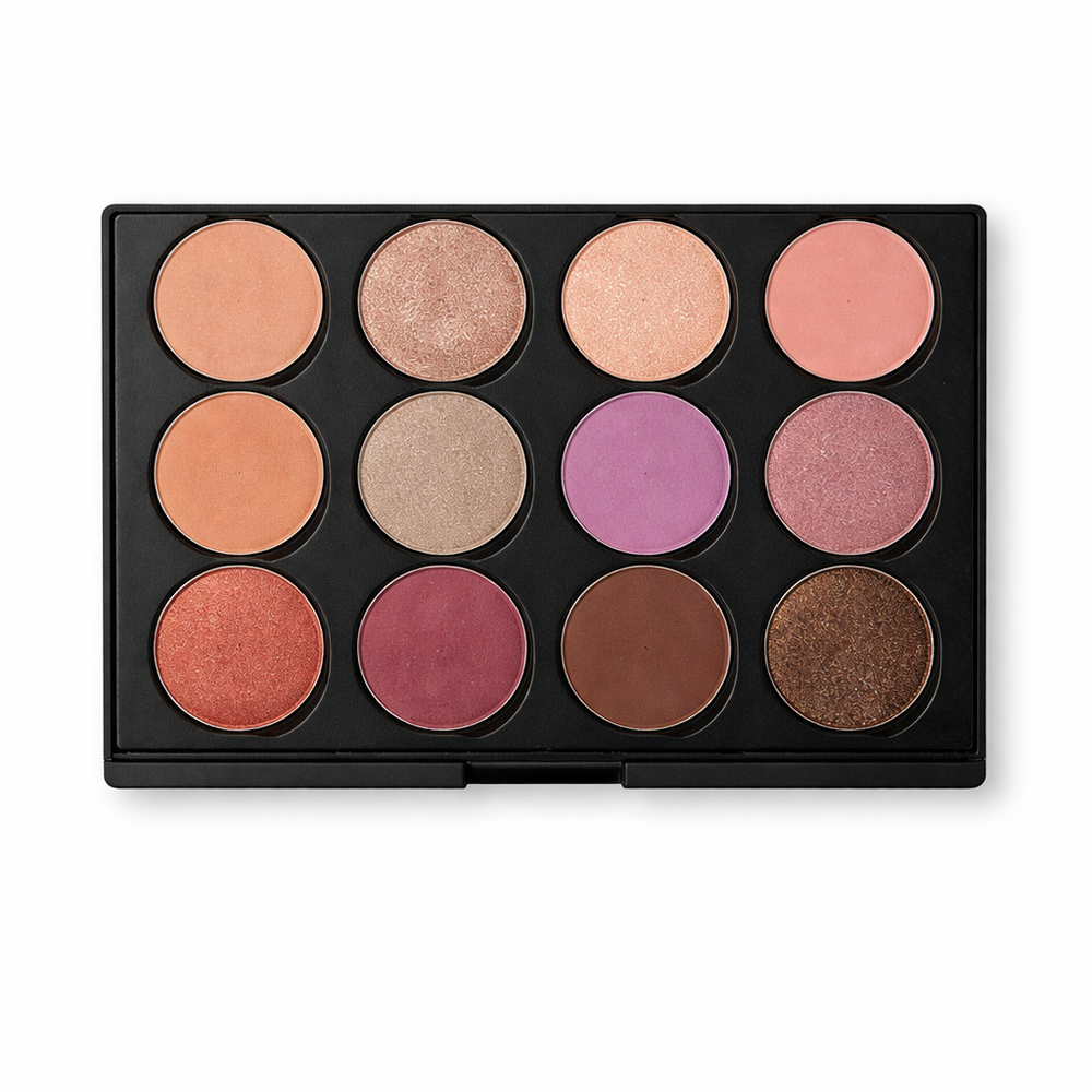 Makeup palette with various shades of eyeshadows on a white background