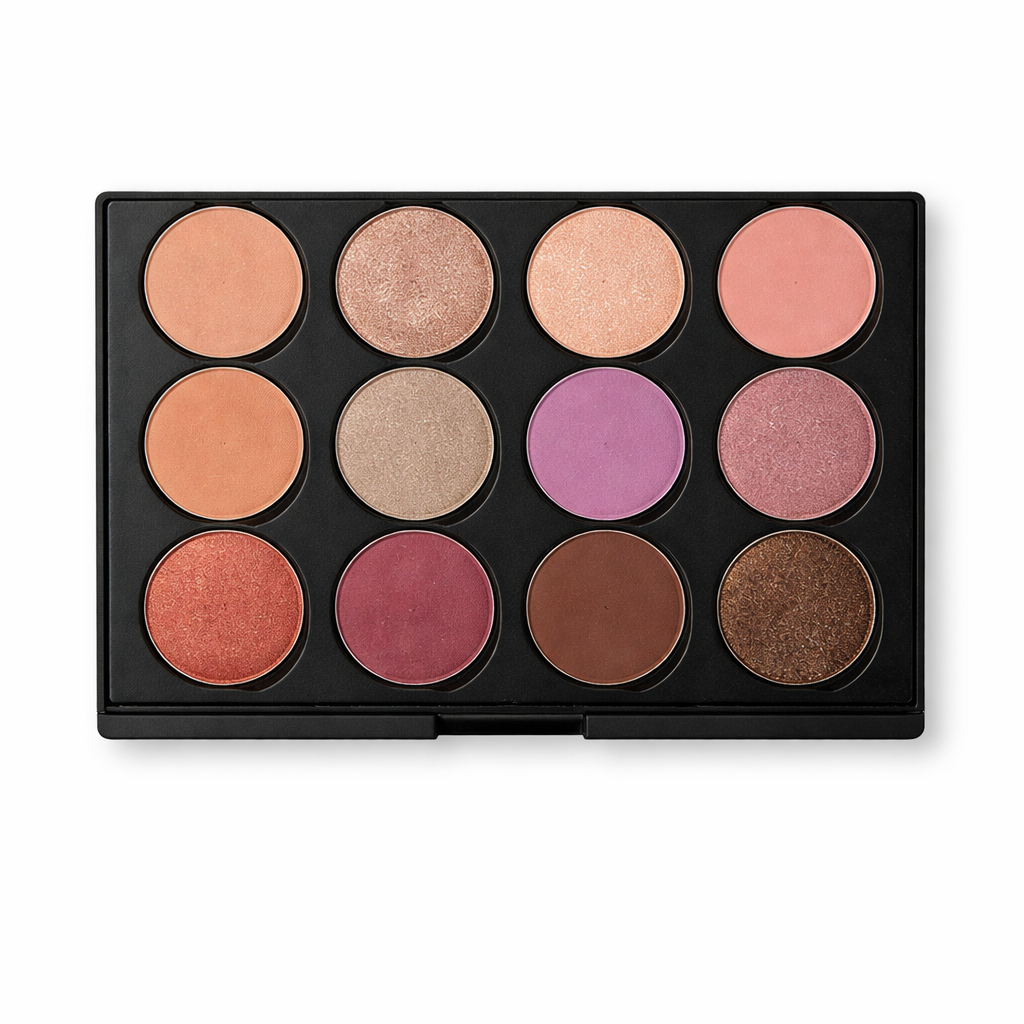 Makeup palette with various shades of eyeshadows on a white background