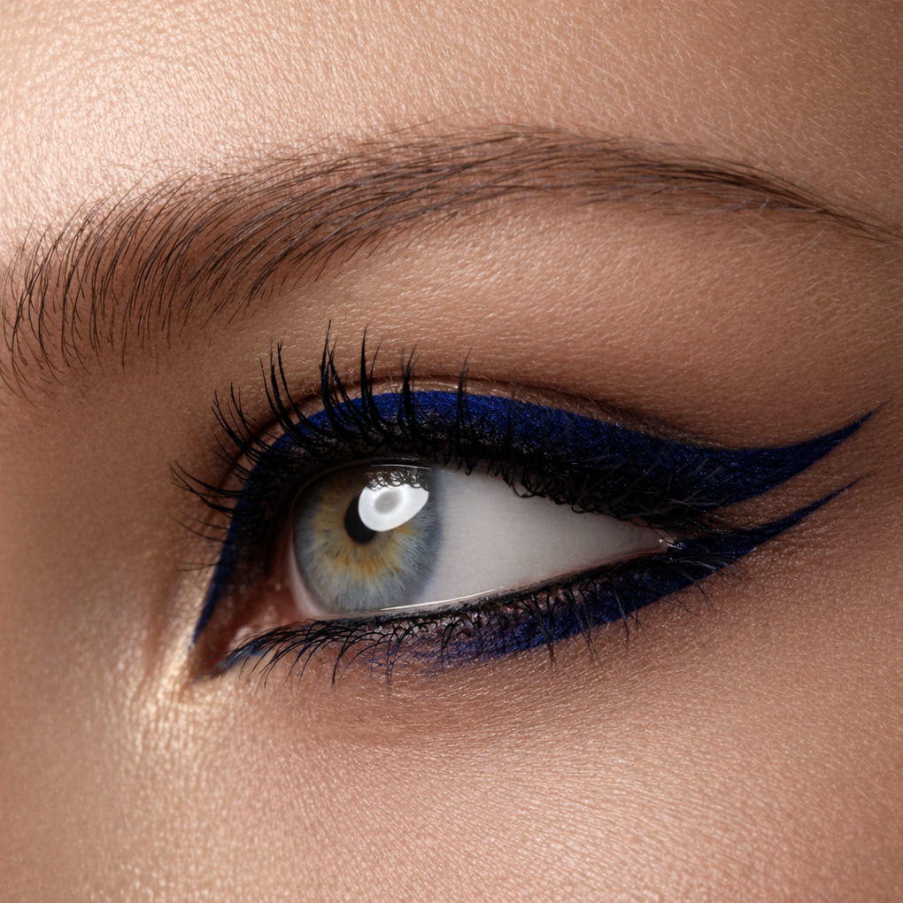 Close-up of a eye with blue eyeliner and brown eyebrow