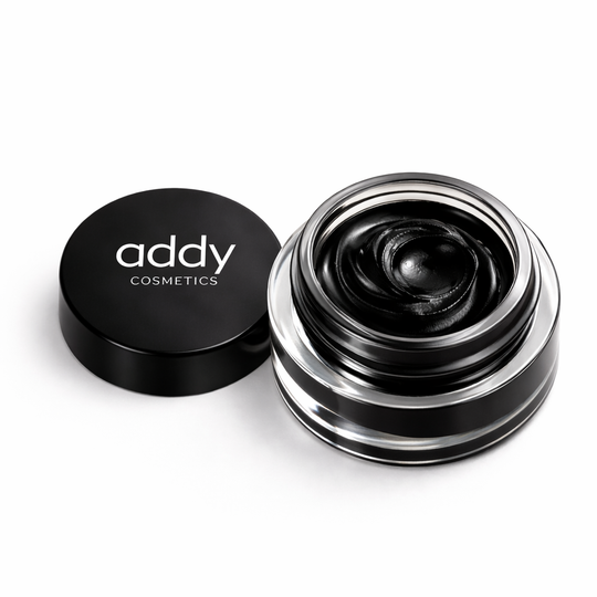 Black cosmetic jar with lid on a white background, featuring the &
