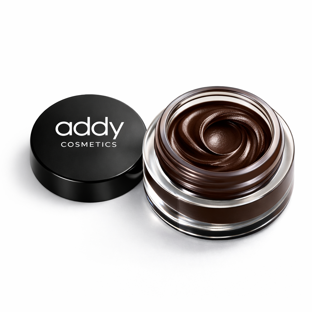 Addy Cosmetics brown cream in a jar with lid on a white background