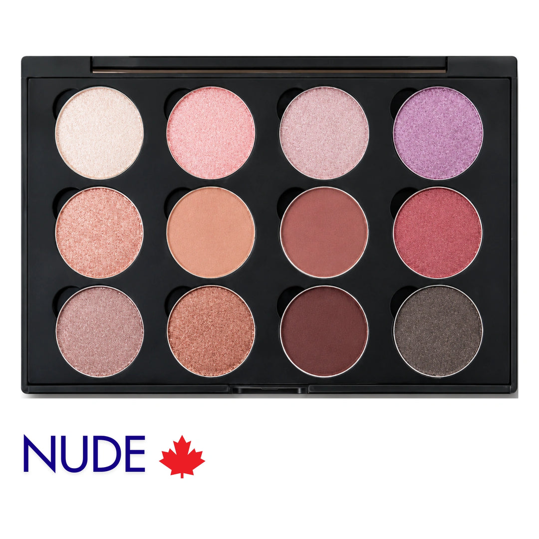 A 12-shade eyeshadow palette in a black rectangular case, shown open against a white background. The shades range from light pinks and silvershimmers to warm coppers, deep browns, and plum purples.