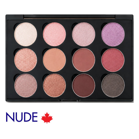 A 12-shade eyeshadow palette in a black rectangular case, shown open against a white background. The shades range from light pinks and silvershimmers to warm coppers, deep browns, and plum purples.