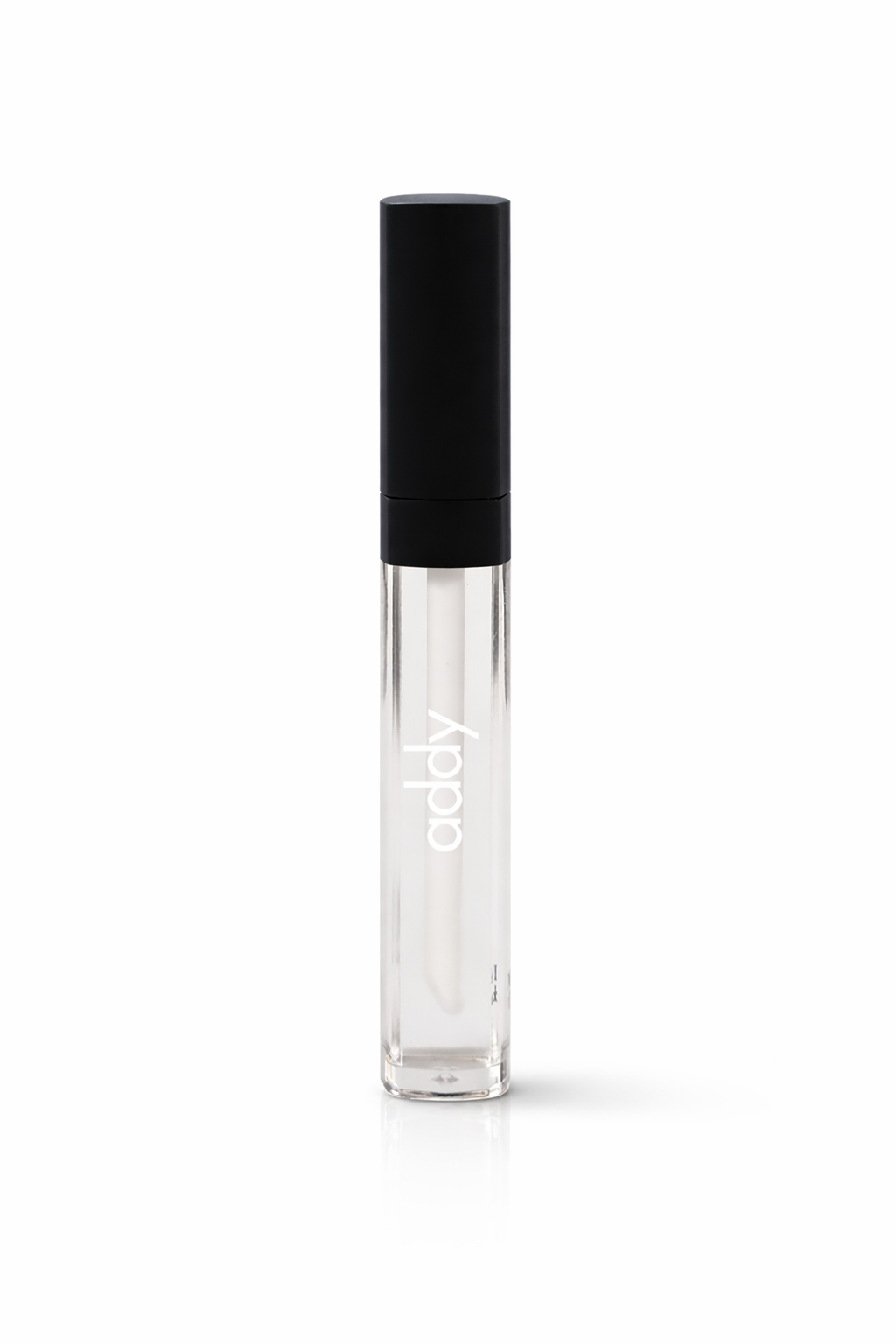Clear lip gloss with black cap on a white background