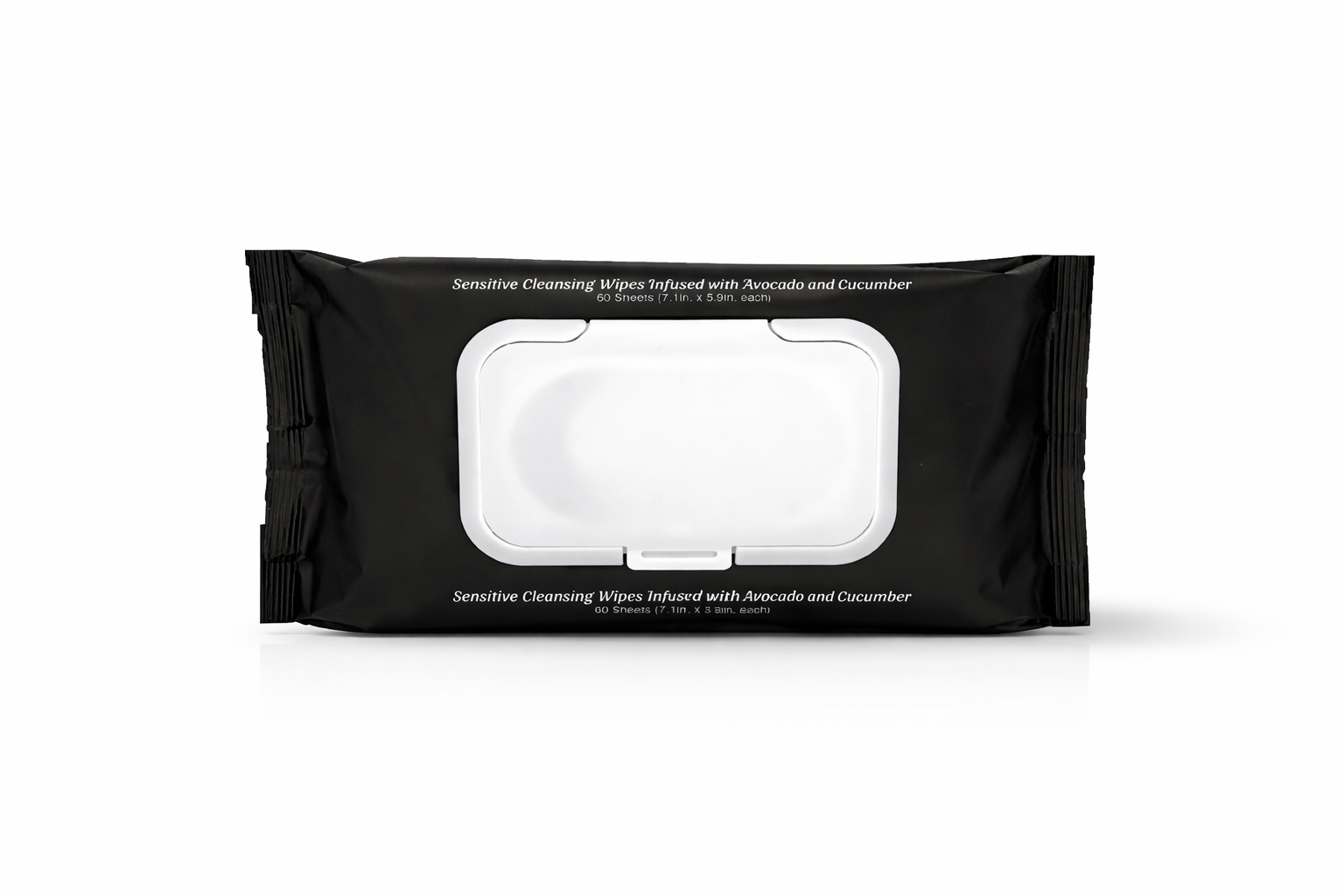 Black packaging of sensitive cleansing wipes on a white background