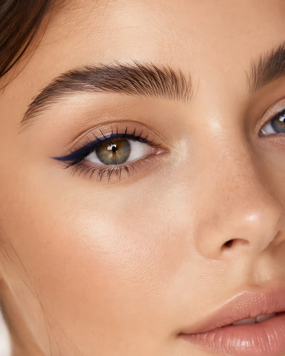 Close-up of a woman's eye with blue eyeliner and brown hair.