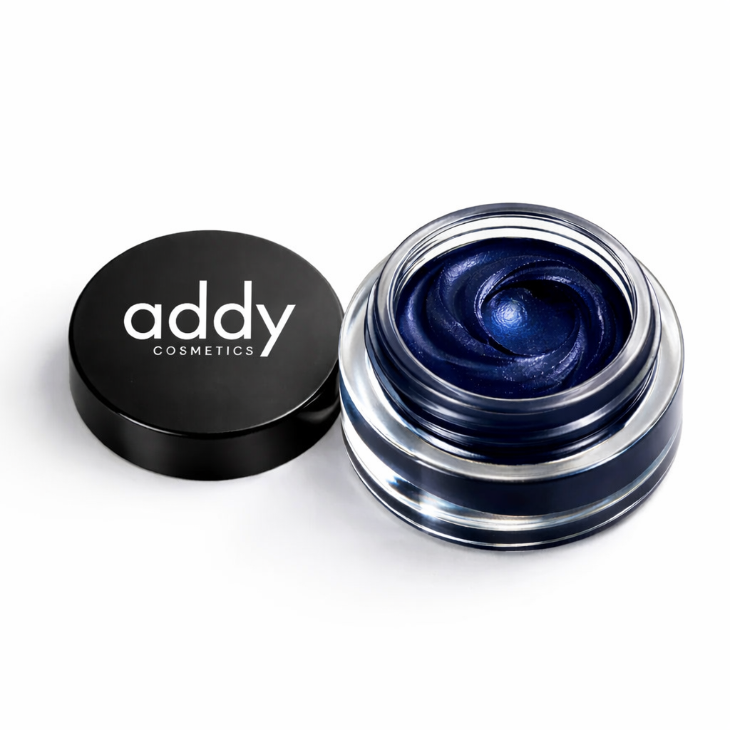 Addy Cosmetics eyeliner jar with black lid on a white background