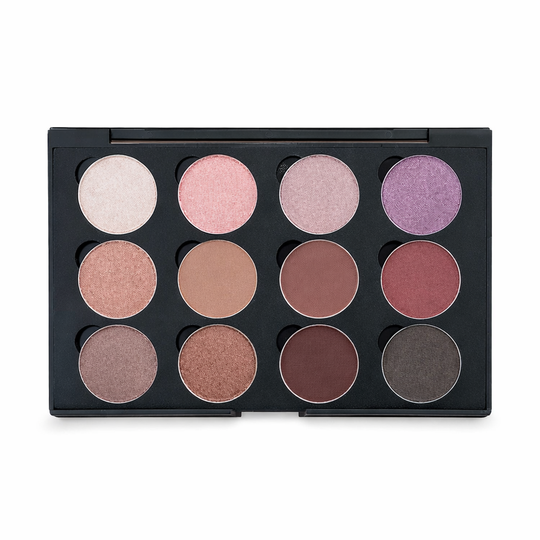 Makeup palette with various shades of eyeshadow on a white background