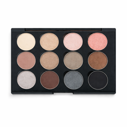 Makeup palette with various shades of eyeshadows on a white background